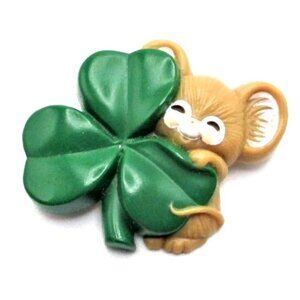 Hallmark Mouse & Shamrock Brooch Pin - Vintage 80s Jewelry - Gift Boxed
